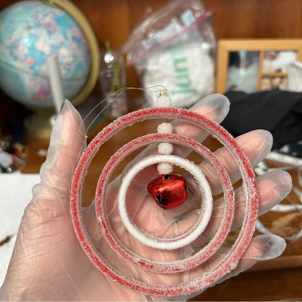 Red And White Frosty Glittery Three Ring Belled Christmas Ornament - “Holiday”